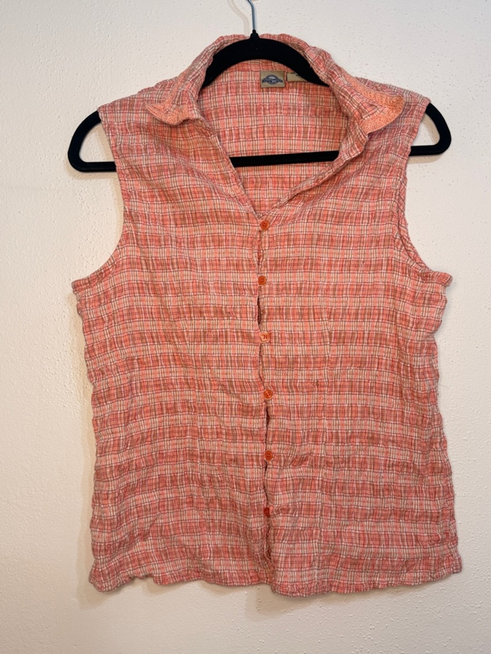 Sleeveless Coral Plaid Button-Down Shirt with Collar